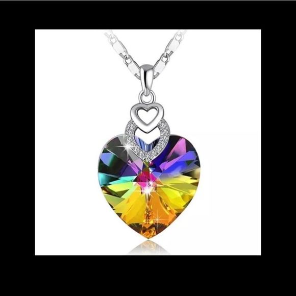 Sterling Silver simulated diamond and rainbow heart Austrian crystal necklace - Picture 1 of 4